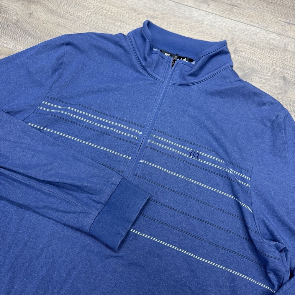 Travis Mathew Blue Striped 1/4 Zip Pullover Men's Sz L RB Logo Golf Casual Prep